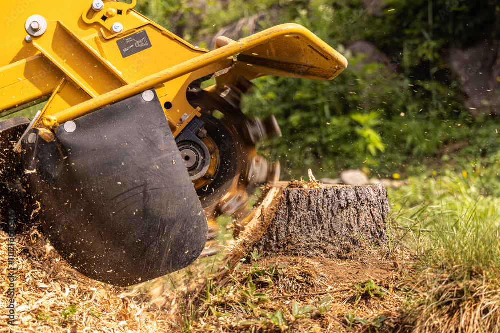 Stump grinding machine cutting through a large stump